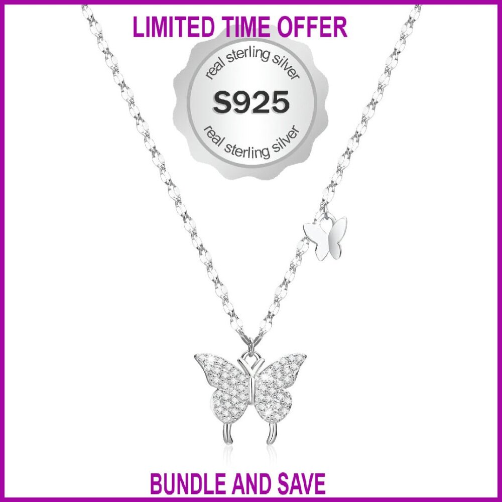 Sterling Silver Butterfly Necklace with Cubic Zirconia Adjustable Chain